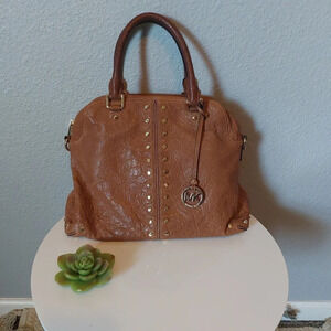 Michael Kors Gold Studded Brown leather handbag Purse Tote Large